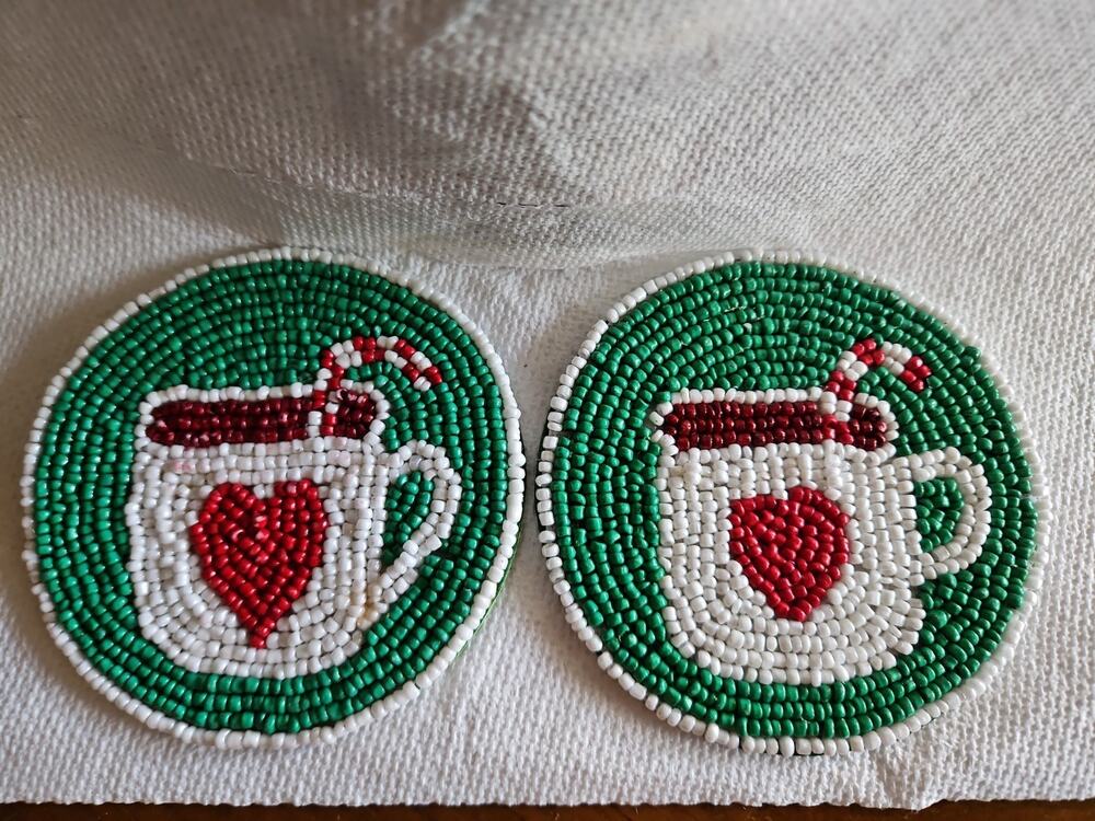 Set of 2 Beaded Coasters Sleigh Bell 4" Round Christmas Themed